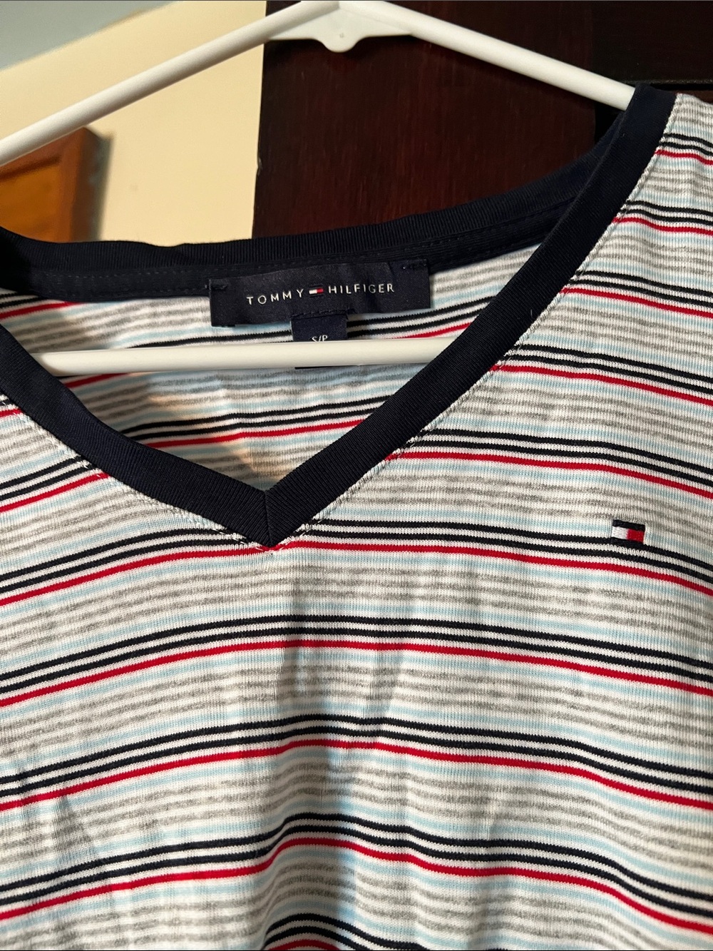 Tommy Hilfiger Navy, White & Red Striped V-Neck Top